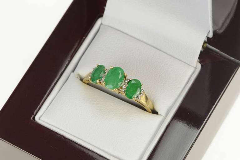10K Yellow Gold Oval Natural Emerald Diamond Accent Ring