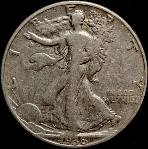1938-D Walking Liberty Half Dollar, Circulated.