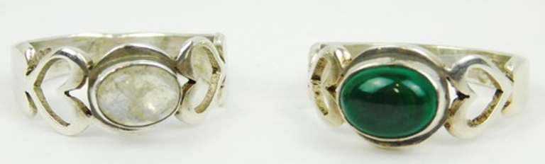 Moonstone & Malachite Sterling Silver Heart Rings