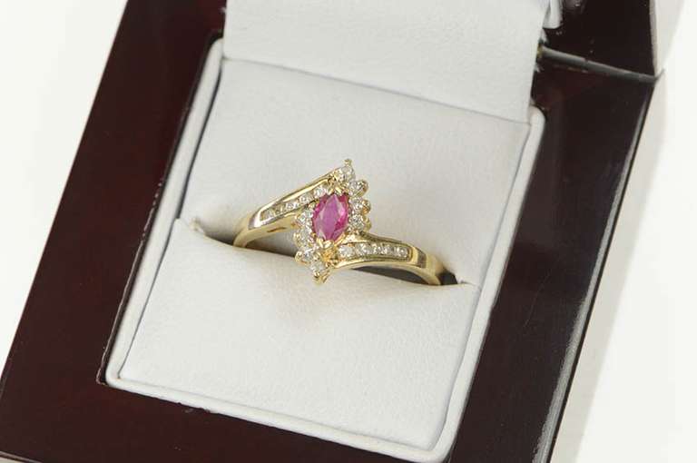 10K Yellow Gold Marquise Ruby Diamond Halo Engagement Ring
