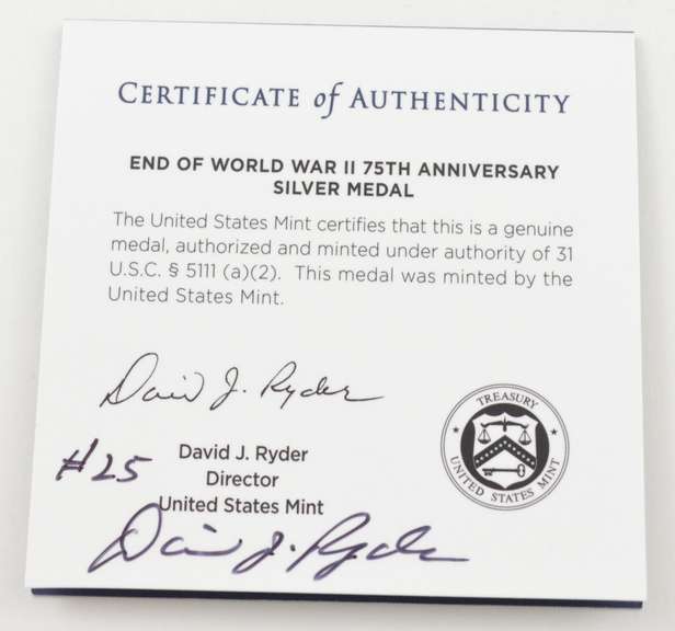 2020 End Of WWII 75th Anniv Silver Medal David Ryder COA NO COIN