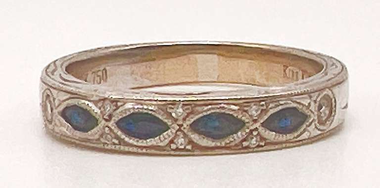 Vintage 18kt Solid White Gold, Blue Sapphire, & Diamond Band