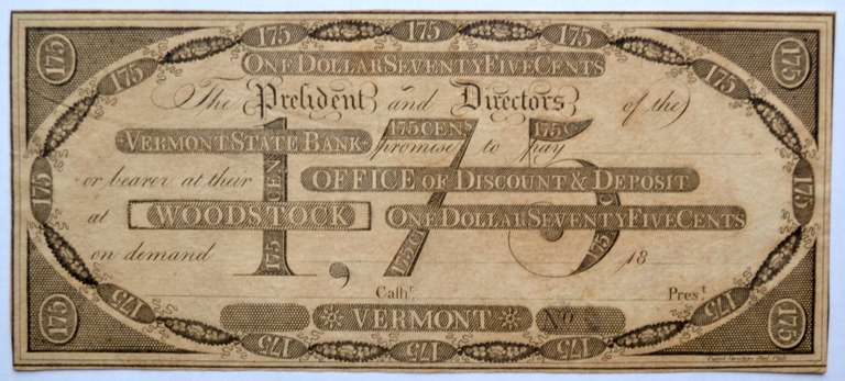 Neat Circa 1810 -20 Era $1.75 Vermont State Bank Woodstock Note