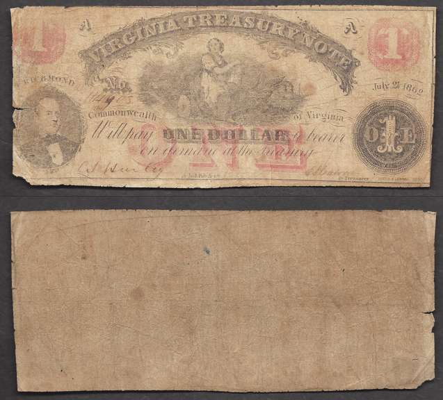 $1 1862 Virginia Treasury Note Circulated.