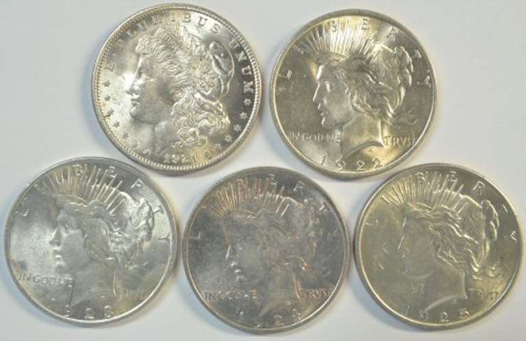 Fresh BU 1921 Morgan & 1922-1925 Peace Silver Dollars