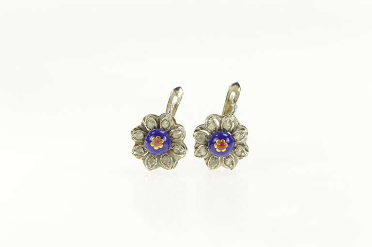 18K White Gold 1940's Blue Enamel Diamond Halo Flower Earrings