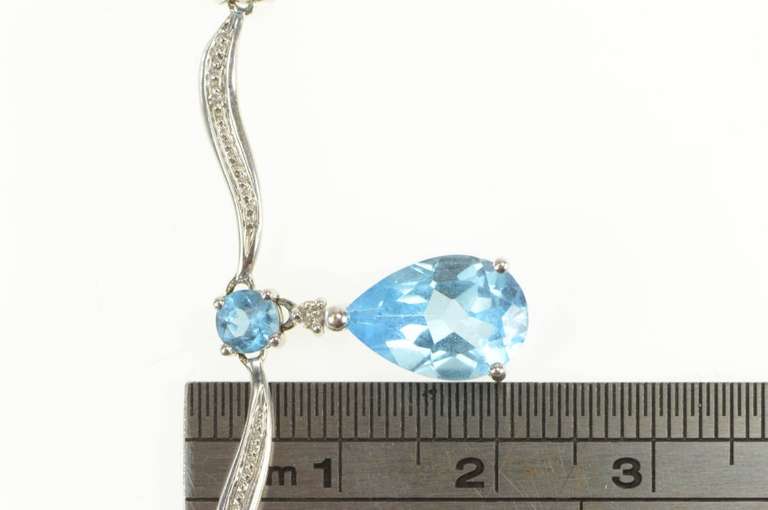 14K White Gold Pear Blue Topaz Diamond Wavy Bar Chain Necklace