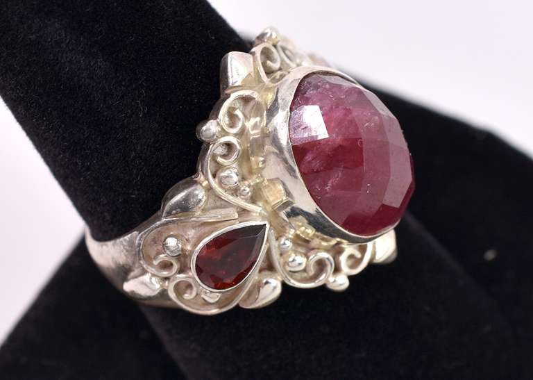 Enhanced Ruby Flanked By Garnets Set In Sterling Ring