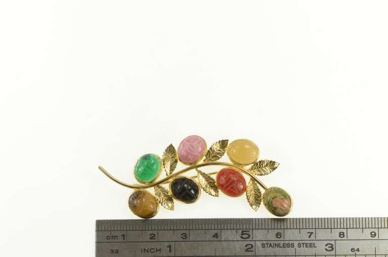 14K Yellow Gold Egyptian Carved Scarab Stone Branch Pin/Brooch
