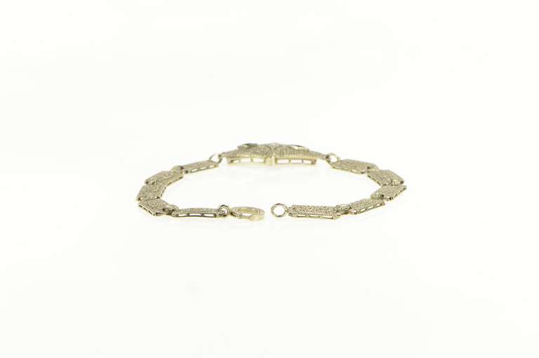 14K White Gold Art Deco Syn. Emerald Diamond Filigree Bracelet