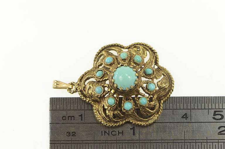14K Yellow Gold 1950's Ornate Turquoise Domed Statement Pendant