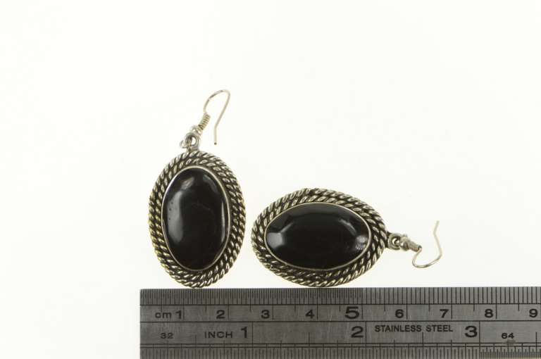 Sterling Silver Oval Black Onyx Rope Dangle Southwestern Earrings