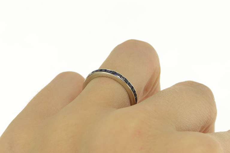 14K White Gold Art Deco Princess Syn. Sapphire Eternity Band Ring