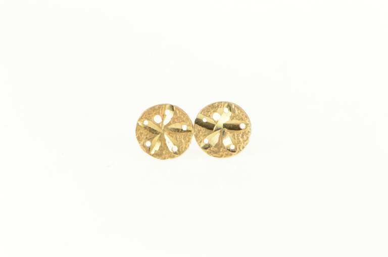 14K Yellow Gold Sand Dollar Sea Shell Diamond Cut Stud Earrings