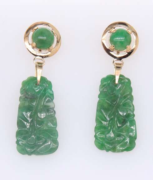 Vintage Yellow Gold Carved Jade Dangle Earrings