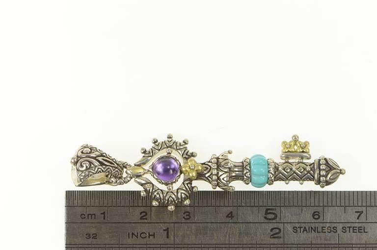 Sterling Silver Elaborate Amethyst Turquoise Skeleton Key 14K Pendant