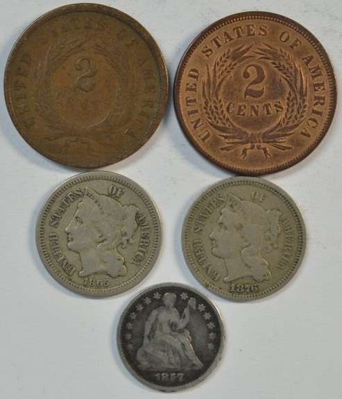 1864 & 1865 2c, 1865 & 1876 3c, and 1857 Seated Half Dime