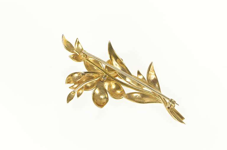 9K Yellow Gold Ornate Pearl Flower Cluster Leaf Accent Pin/Brooch