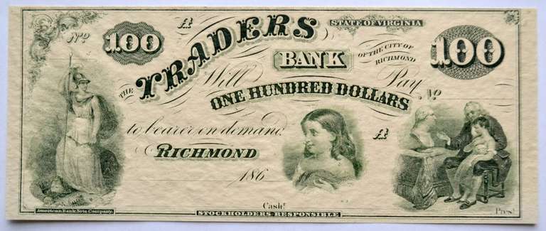 $ 100 Traders Bank of Richmond Circa 1860 Proof or Remainder Note