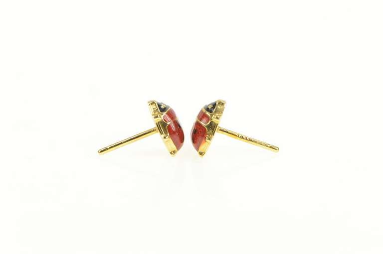 14K Yellow Gold 3D Enamel Lucky Lady Bug Stud Earrings