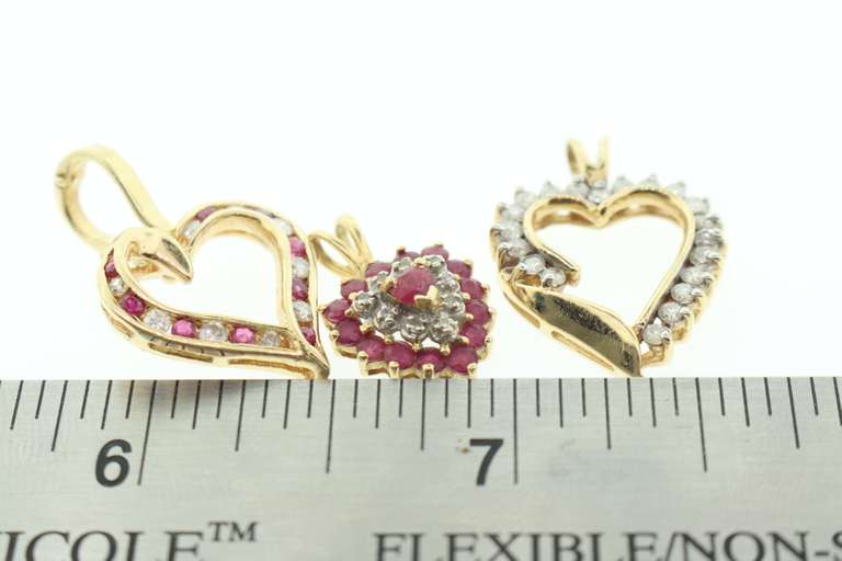 Romantic Group Set of 14k Gold Heart Pendants with Diamonds and Red Topaz