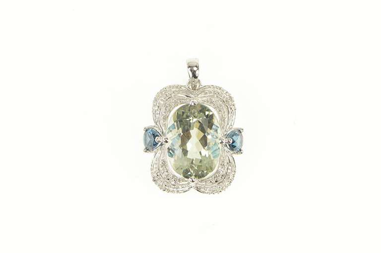 14K White Gold Green Amethyst Topaz Diamond Statement Pendant