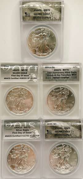 5 MS70 ASE silver coins