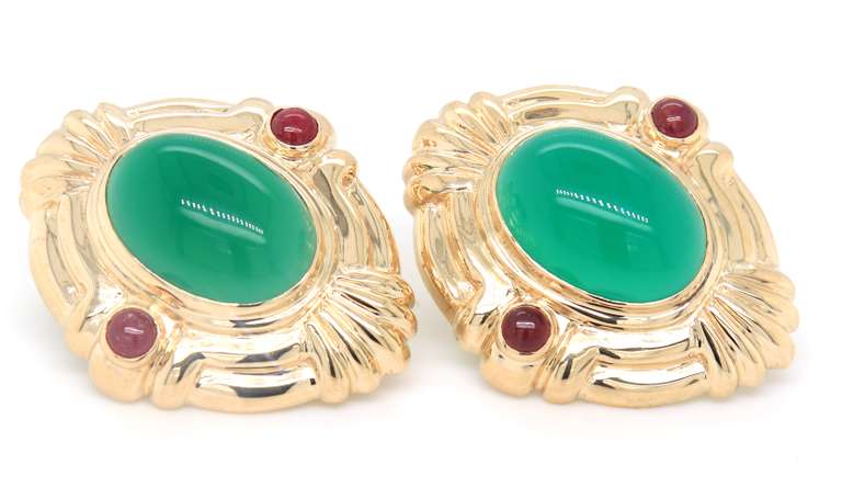 Fabulous Yellow Gold Green Chal and Ruby Cab Earrings