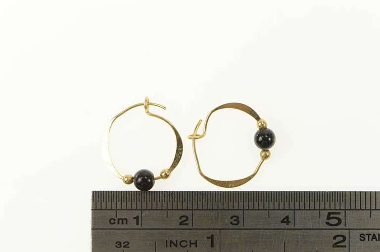 10K Yellow Gold Round Black Onyx Beaded Hoop Earrings
