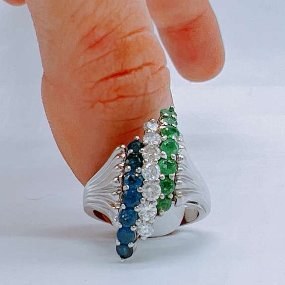 14kt Solid White Gold, Diamond, Blue Sapphire, & Emerald Ring