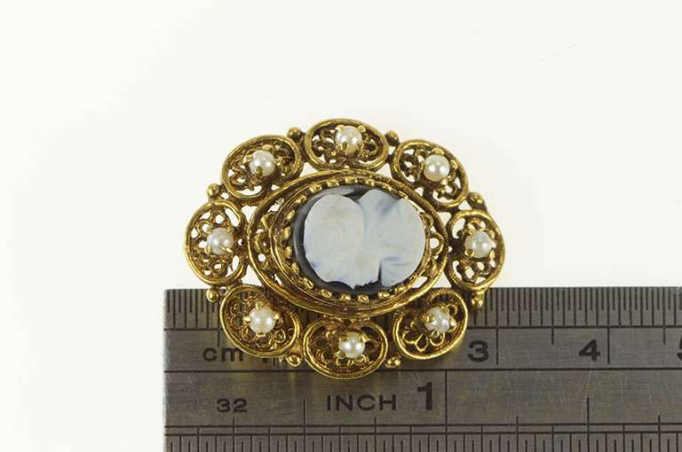 14K Yellow Gold Carved Cameo Seed Pearl Filigree Halo Pin/Brooch
