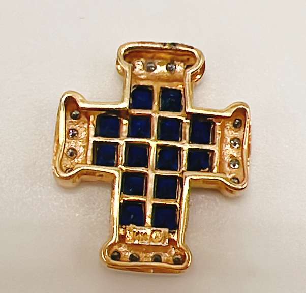 14kt Solid Gold, Blue Sapphire, & Diamond Cross Pendant