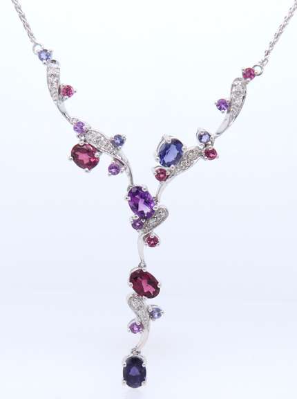 Gorgeous White Gold Tanzanite, Garnet and Amethyst Vine Style Necklace