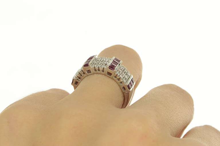 14K White Gold 1950's Princess Ruby Diamond Cluster Band Ring