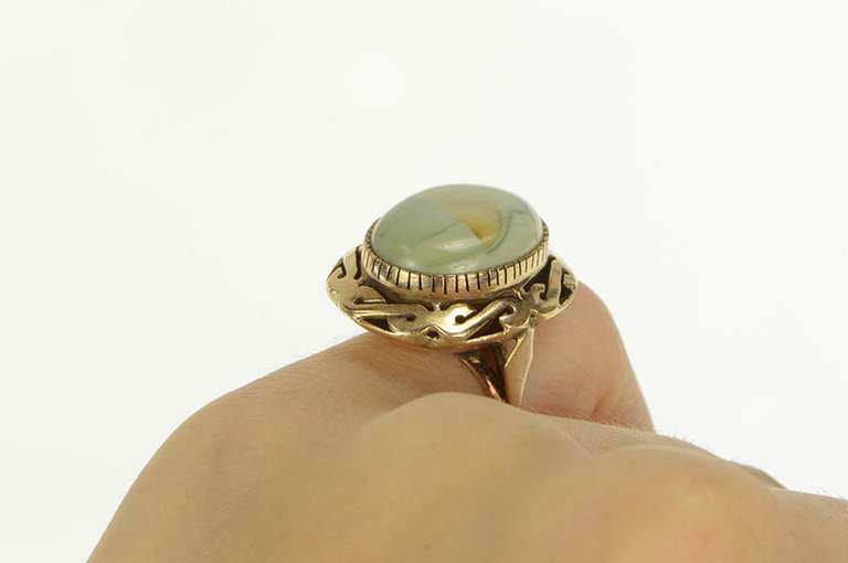 14K Yellow Gold 1940's Green Jasper Cabochon Cocktail Ring