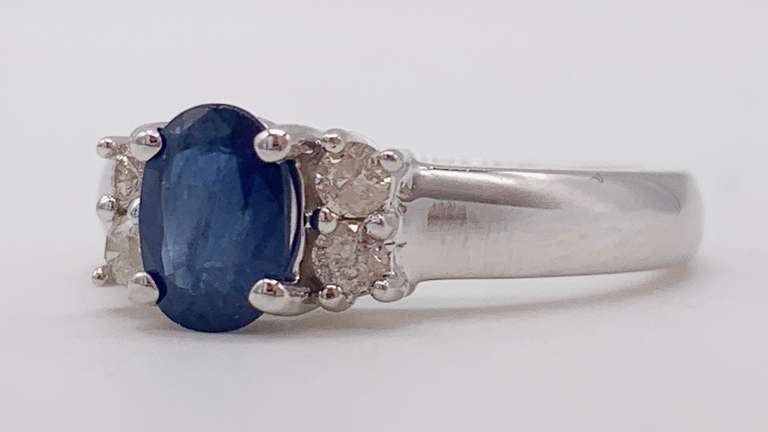 14kt Solid White Gold, Blue Sapphire, & Diamond Ring