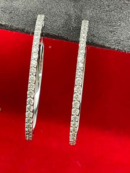 BRAND NEW 14K WHITE GOLD AND DIAMOND LOOP EARRINGS