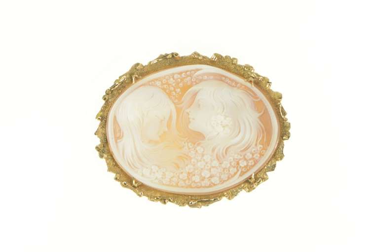 14K Yellow Gold Huge Carved Shell Cameo Floral Ladies Pin/Brooch