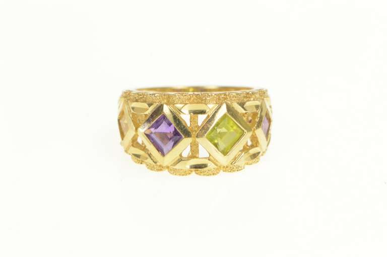 14K Yellow Gold Geometric Amethyst Peridot Squared Graduated Ring