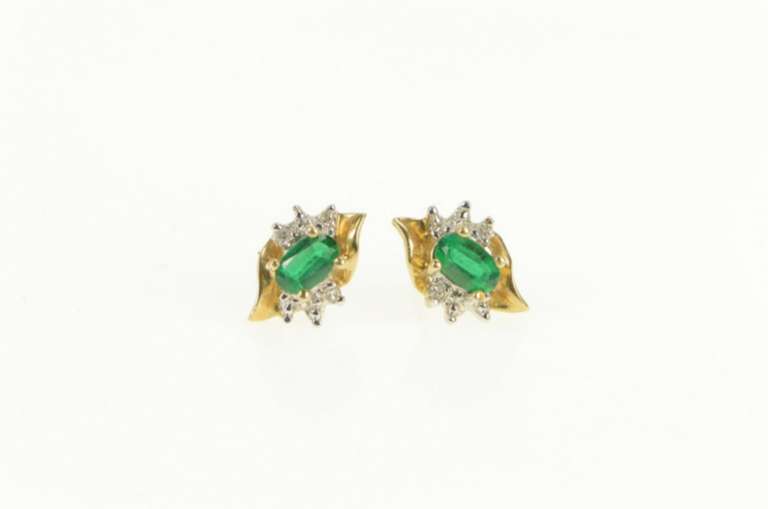 14K Yellow Gold Oval Syn. Emerald Diamond Accent Stud Earrings