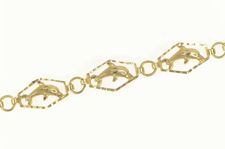 14K Yellow Gold Diamond Cut Dolphin Link Classic Chain Bracelet