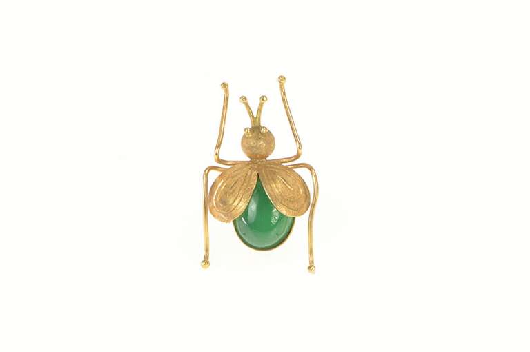 14K Yellow Gold Green Agate 3D Bug Insect Beetle Fly Pin/Brooch