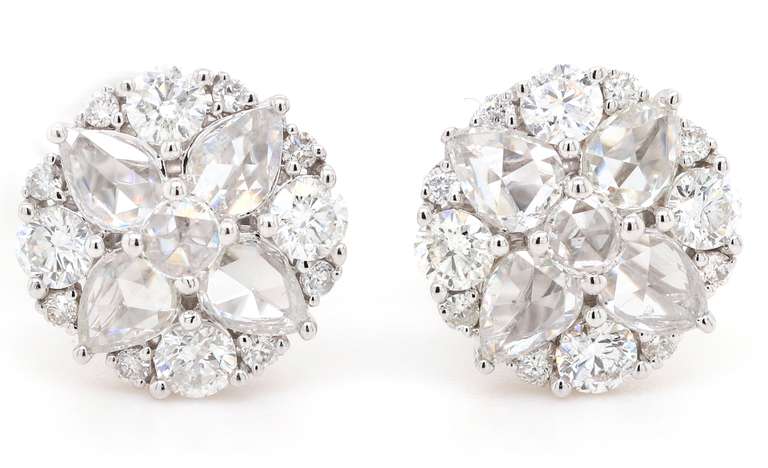 New 2.05ctw Pear Shape Rose Cut and Round Diamond Stud Earrings in 18K