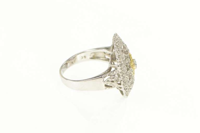 14K White Gold White Yellow & Blue Diamond Flower Filigree Ring