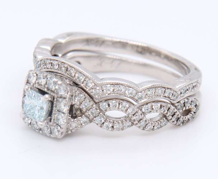 Majestic White Gold Neil Lane 7/8ct Light Blue and Princess Cut and Round Diamond Halo Set