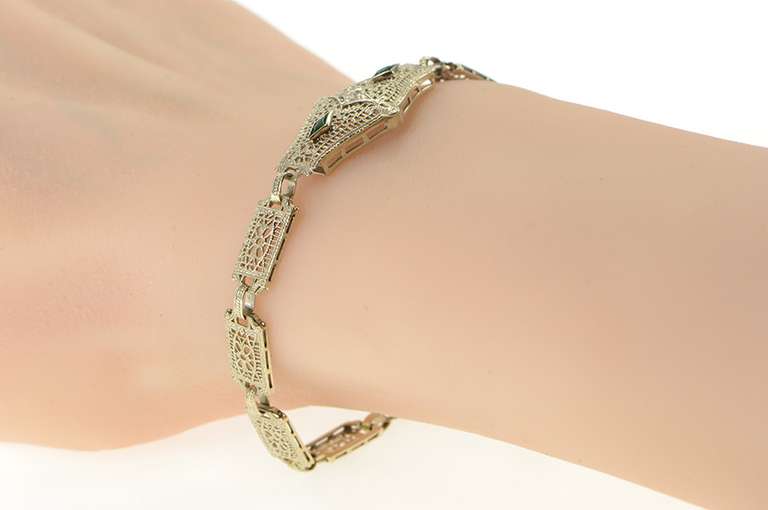 14K White Gold Art Deco Syn. Emerald Diamond Filigree Bracelet