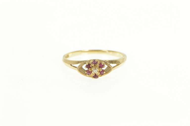 10K Yellow Gold Diamond Ruby Halo Flower Cluster Retro Ring
