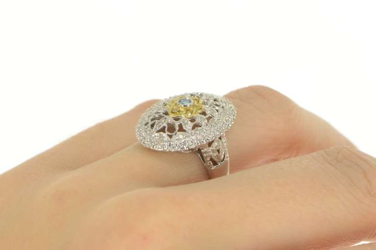14K White Gold White Yellow & Blue Diamond Flower Filigree Ring