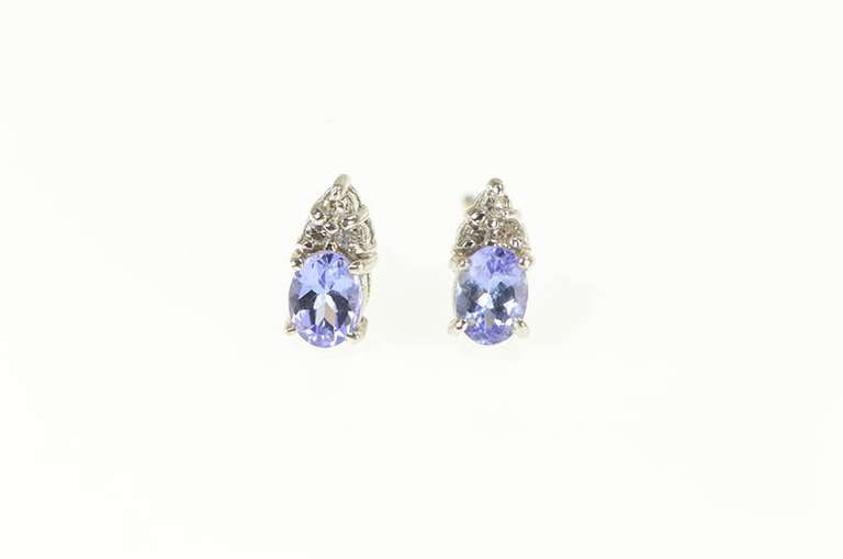 18K White Gold Oval Tanzanite Diamond Cluster Accent Stud Earrings