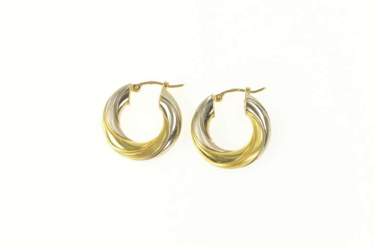 18K Yellow Gold Two Tone 20.0mm Twist Spiral Puffy Hoop Earrings